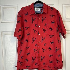 NAUTICA Red Blue Button Down Shirt Lobster Crab Nautical Large Linen Cotton